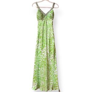 Morgan & Co 90s y2k Beaded Green White Floral Print Prom Dress XS